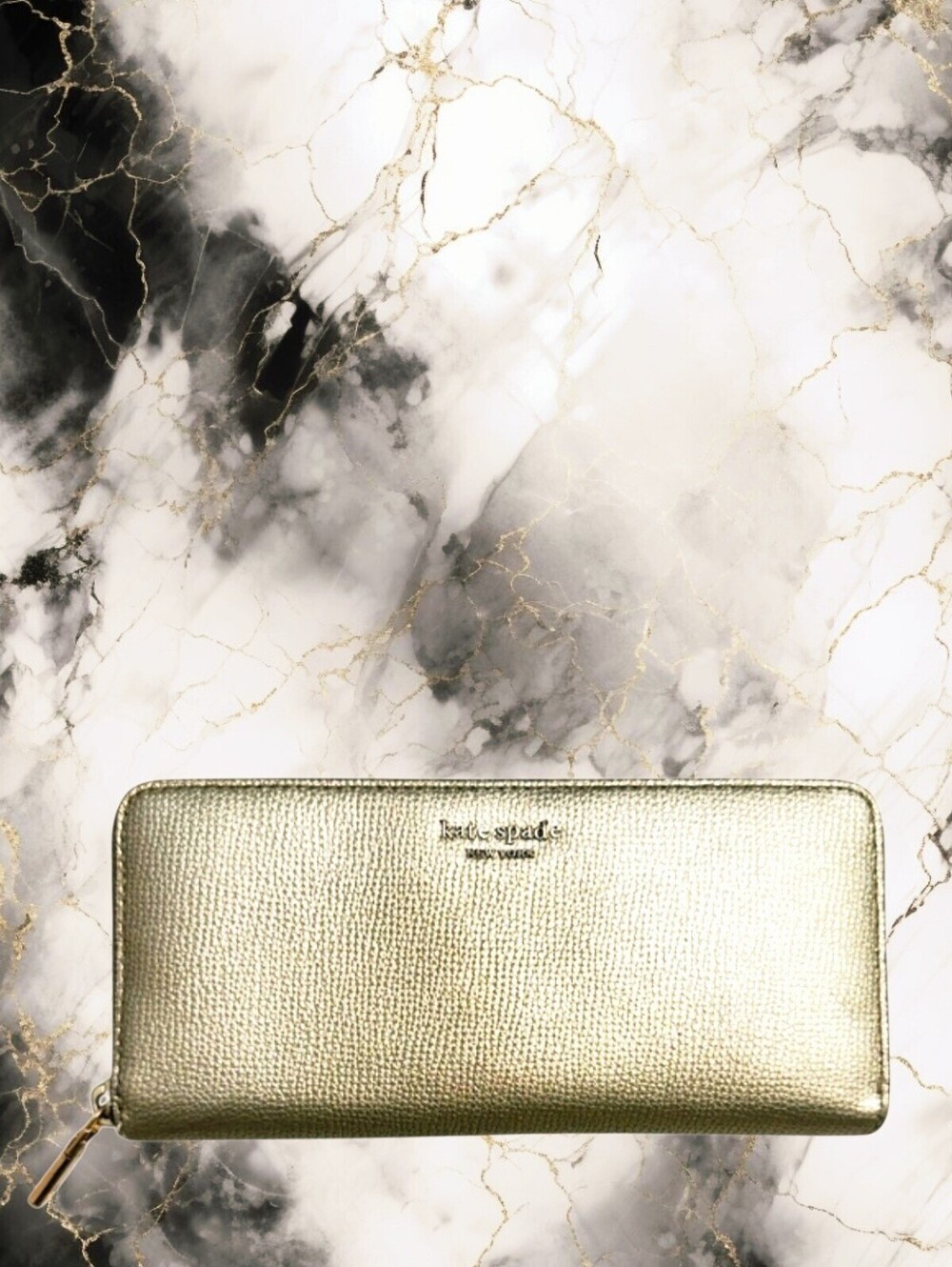 Kate Spade Gold Metallic Zip Around Large Wallet Continental Leather Organizer